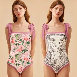Visual Swim Reversible Flamingo Pink Floral Print One-Piece Swimsuit XL Swim